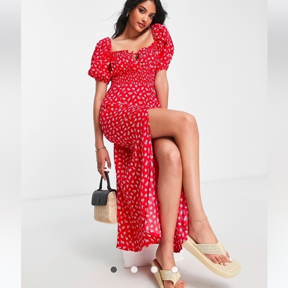 & Other Stories Red Floral Puff Sleeve Milkmaid Maxi Dress Cottagecore Coquette - Picture 15 of 15